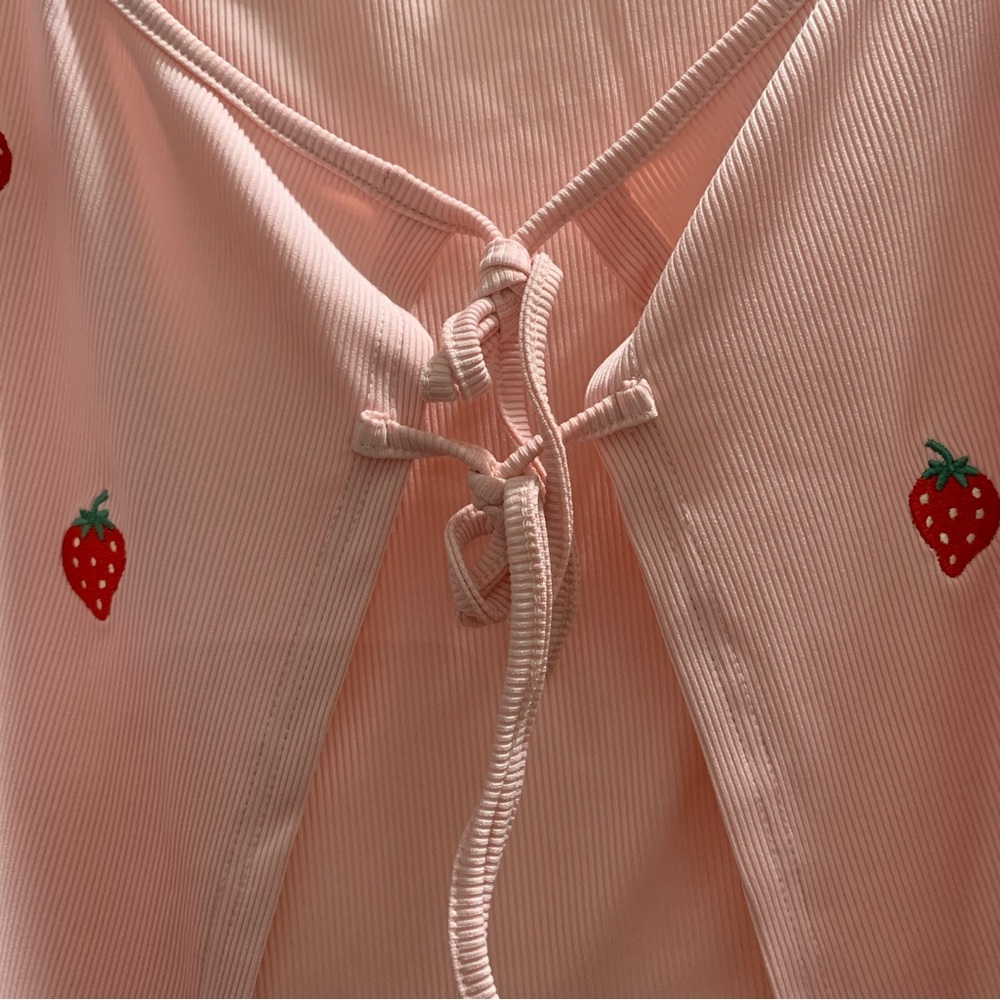 Baby Pink Strawberry Embroidered Cropped Self-Tie Cami NWOT - Picture 7 of 12
